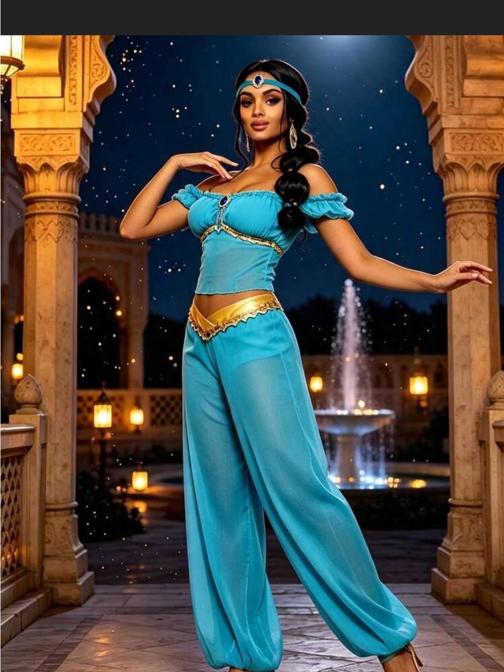 Princess Jasmine costume. Blue Off-Shoulder Harem Jumpsuit with Gold Trim